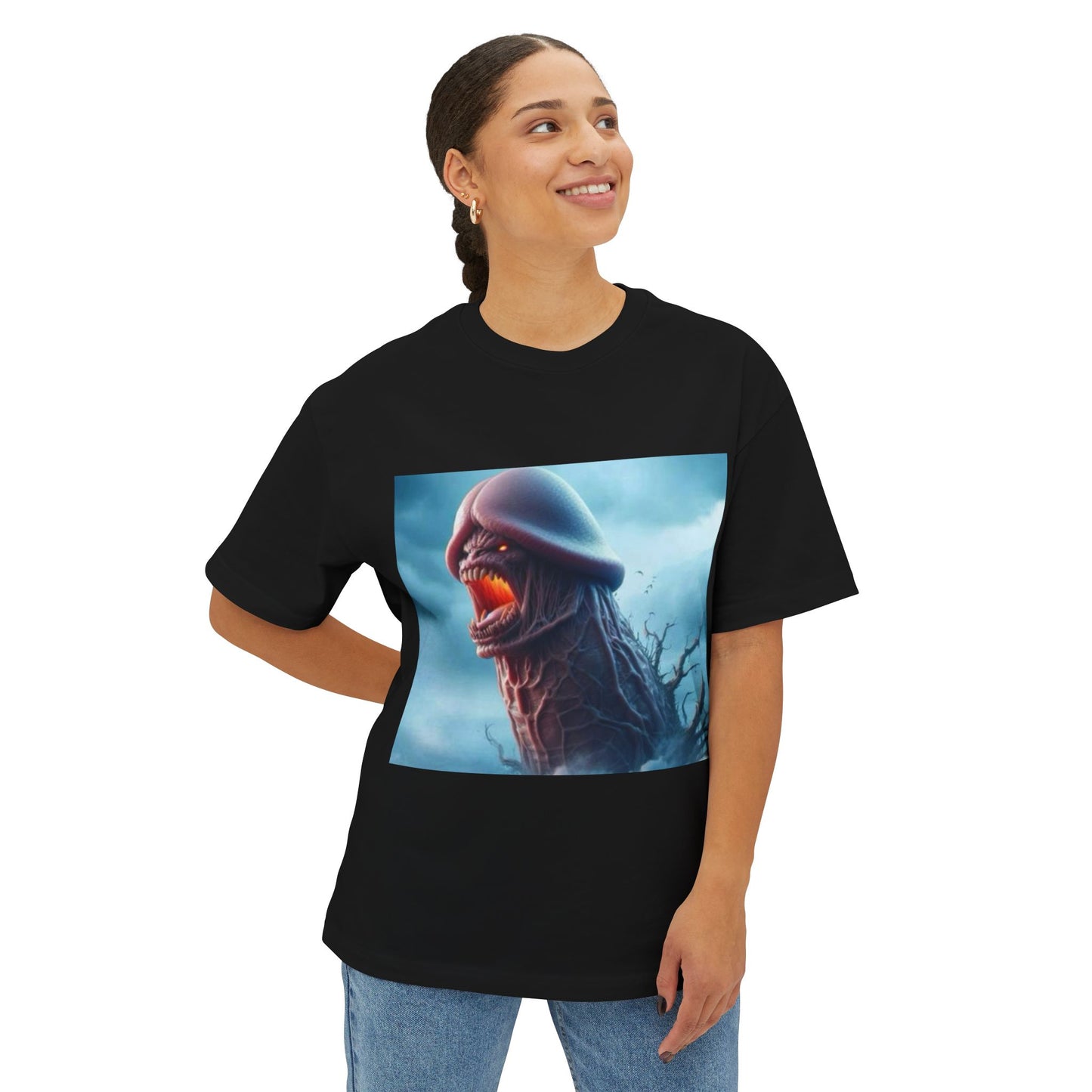 Gothic Horror Themed Oversized Tee, Unisex Boxy Shirt for Casual Wear, Unique Graphic Tee, Halloween Fashion, Streetwear Style